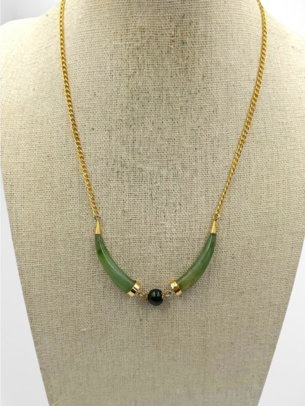 Gold Chain Necklace with Green Jade Horn Accents by